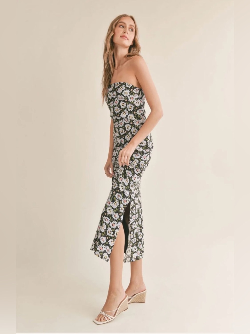 Sadie & Sage Black Cottage-Core Daisy Side Slit Strapless Maxi Dress Size Small - Picture 2 of 10